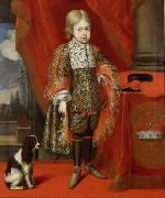 Kaiser Joseph I. (1678-1711) im Alter von sechs Jahren mit einem Hund, in ganzer Figur